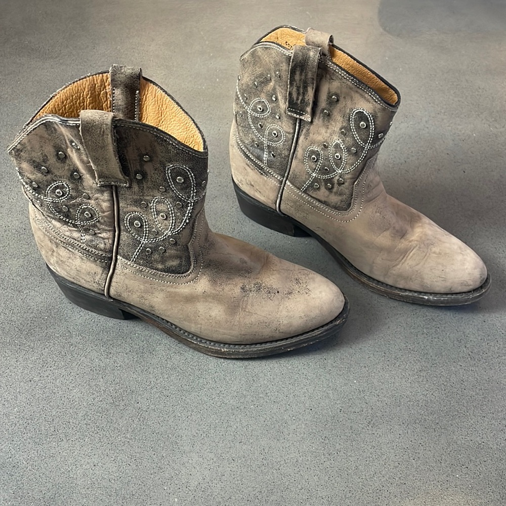 Miz Mooz leather distressed embellished cowboy western ankle boots